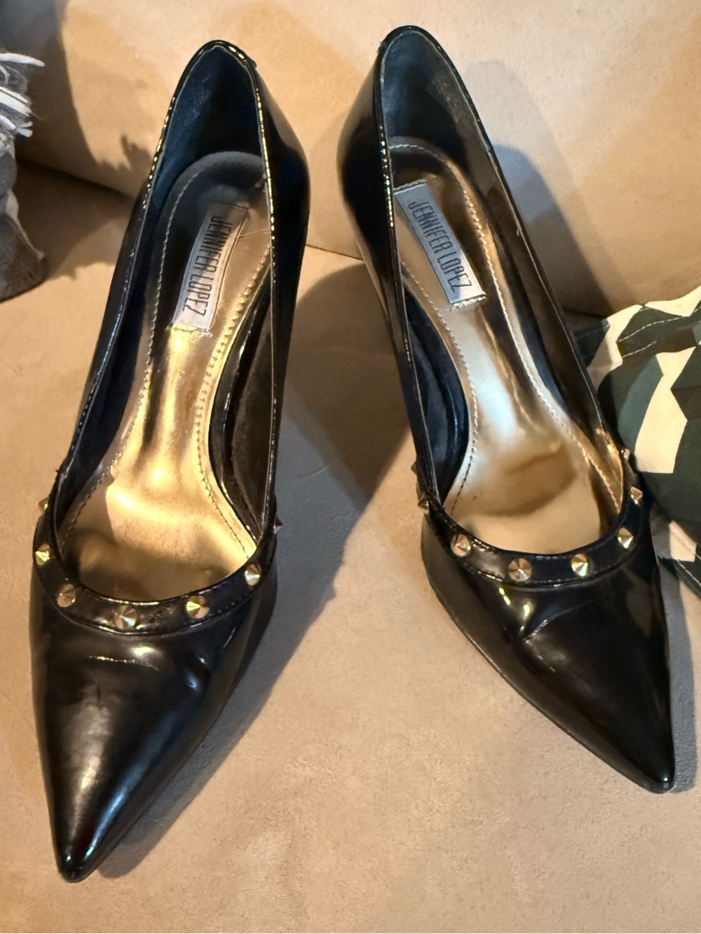 JLO Black Patent Pointed Toe Studded Pumps